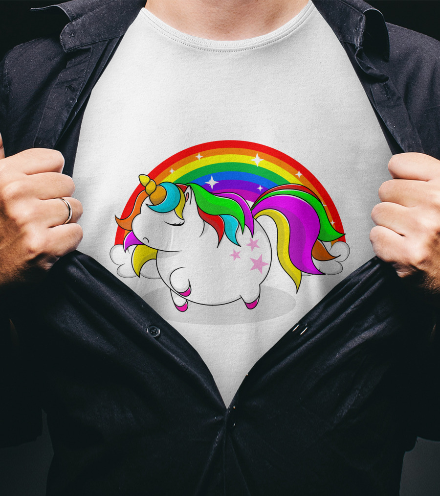 Cute Fat Unicorn With Rainbow Mane And Stars T-Shirt