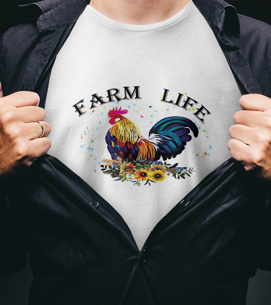 Farm Life Colorful Rooster Floral T-Shirt