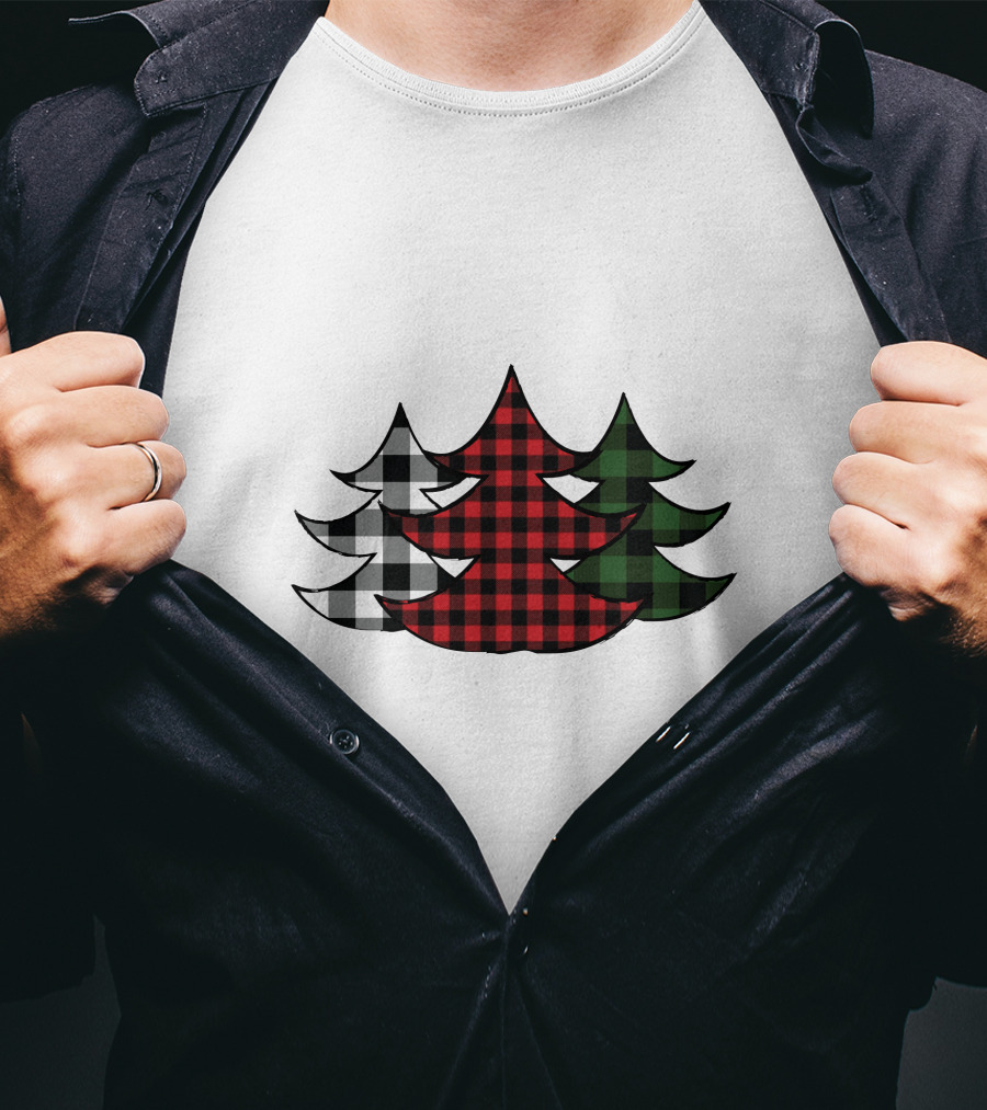Plaid Christmas Tree Red Green Black White Xmas T-Shirt
