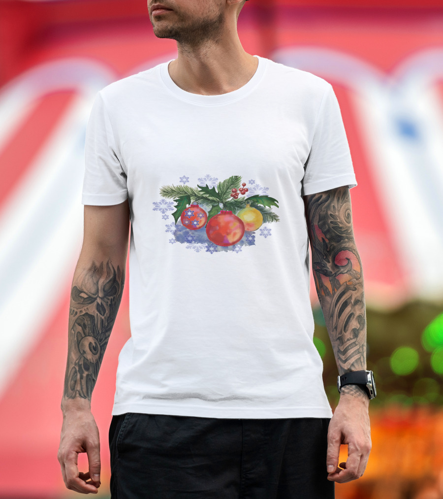 Watercolor Christmas Balls Ornaments With Pine Leaves And Snowflakes T-Shirt