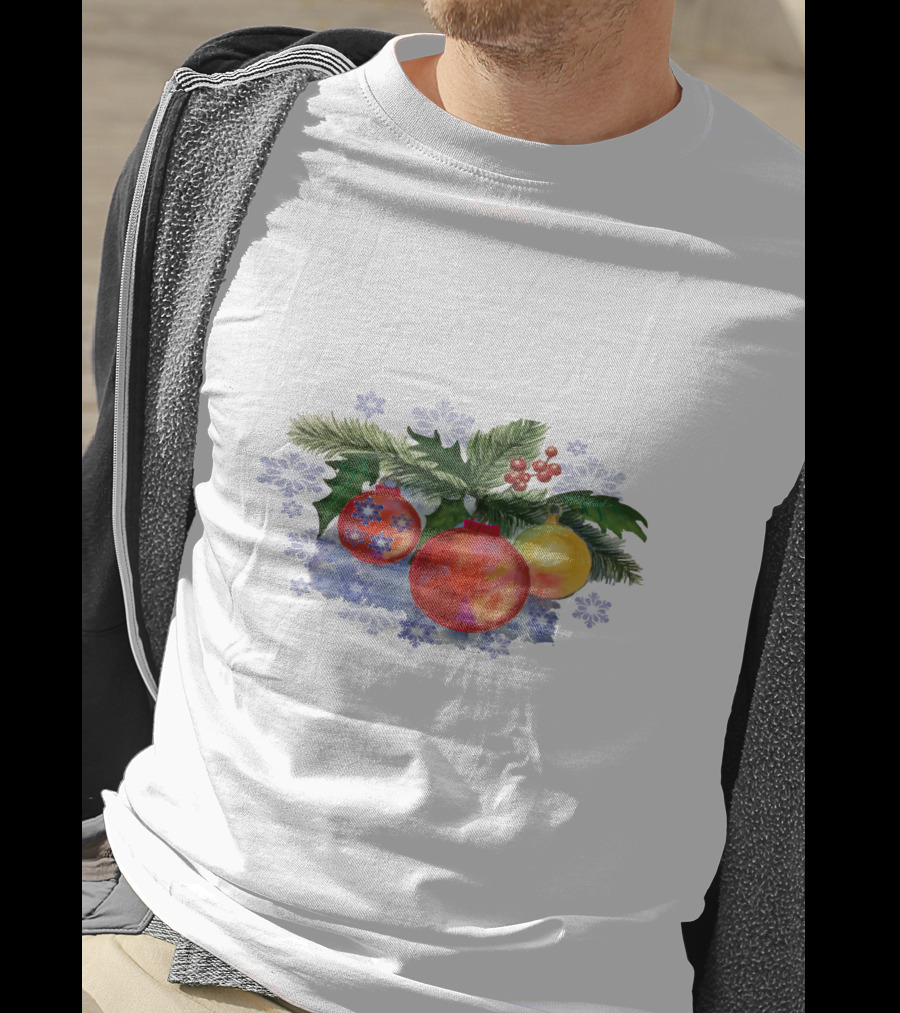 Watercolor Christmas Balls Ornaments With Pine Leaves And Snowflakes T-Shirt