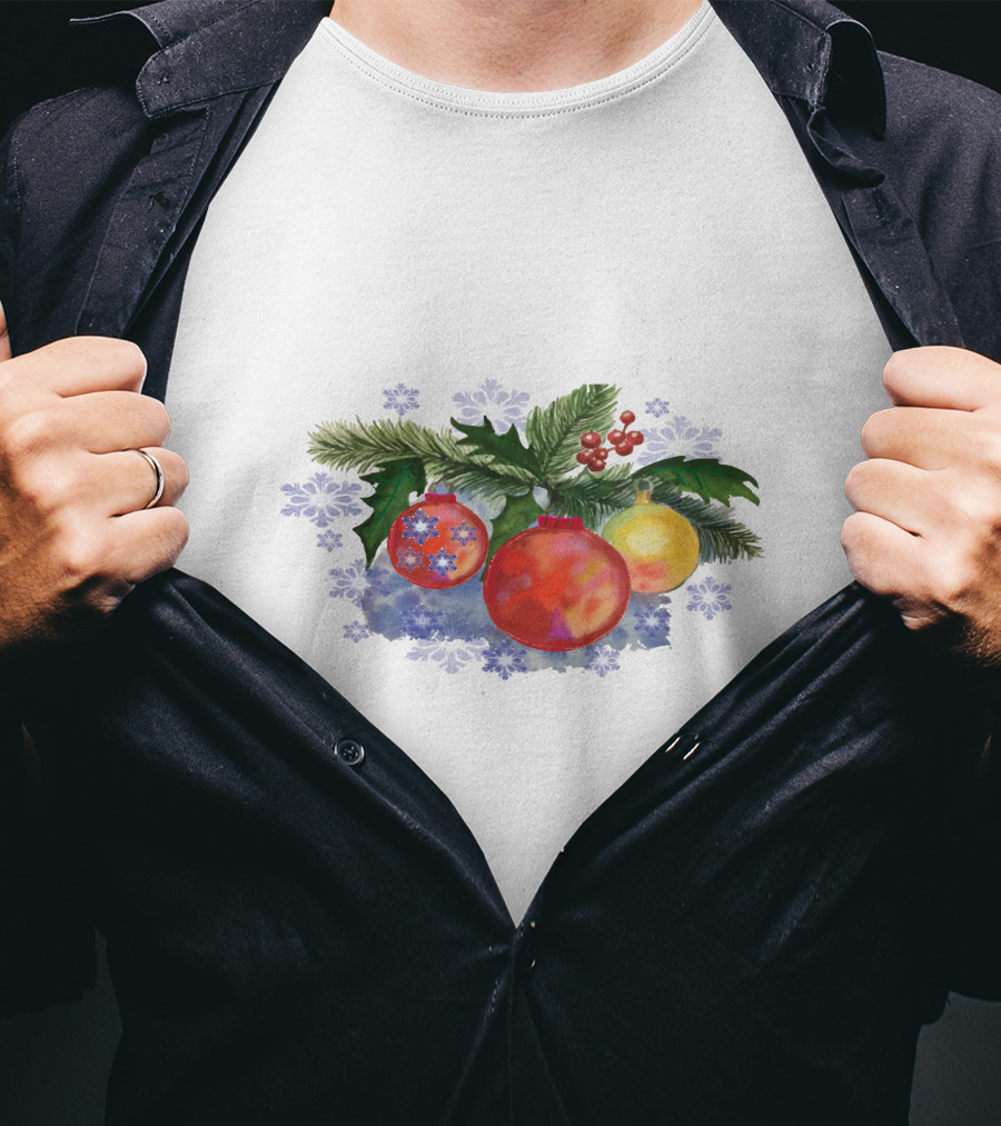 Watercolor Christmas Balls Ornaments With Pine Leaves And Snowflakes T-Shirt