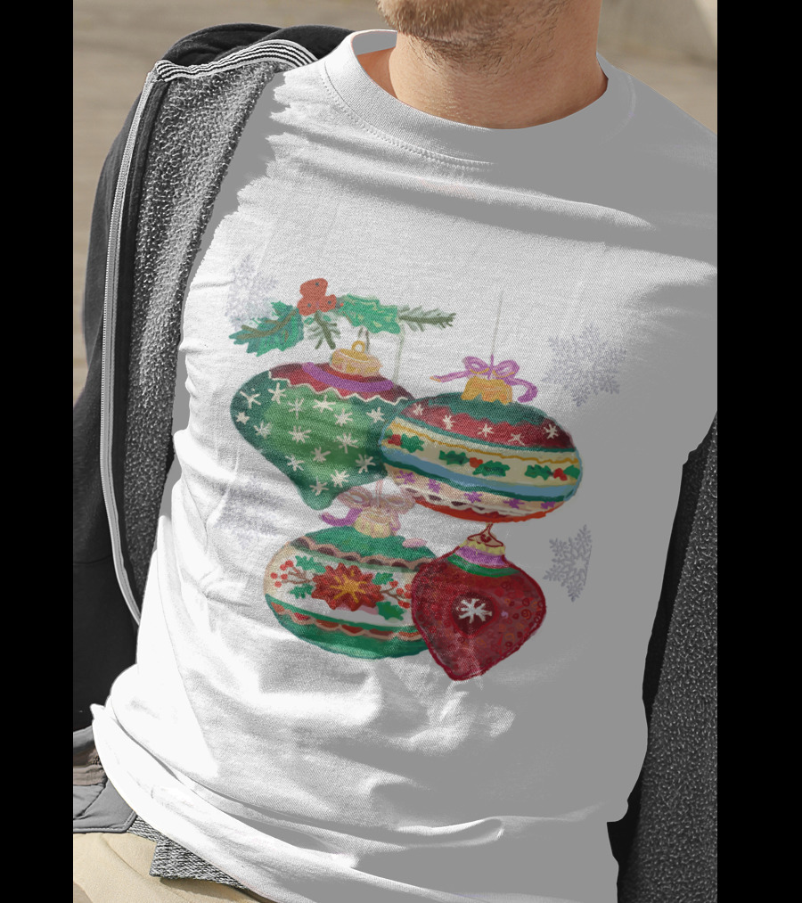Watercolor Christmas Balls Snowflake Ornaments With Holly And Ribbon Accents T-Shirt