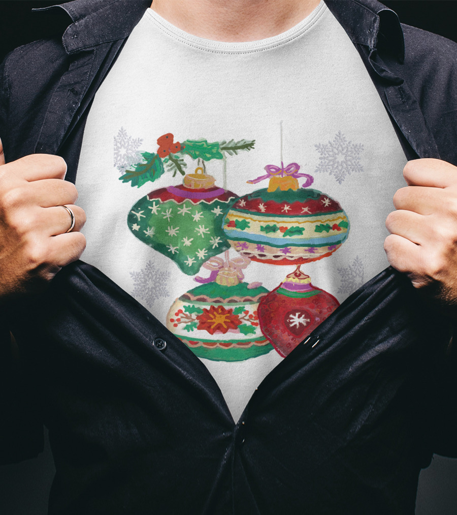Watercolor Christmas Balls Snowflake Ornaments With Holly And Ribbon Accents T-Shirt