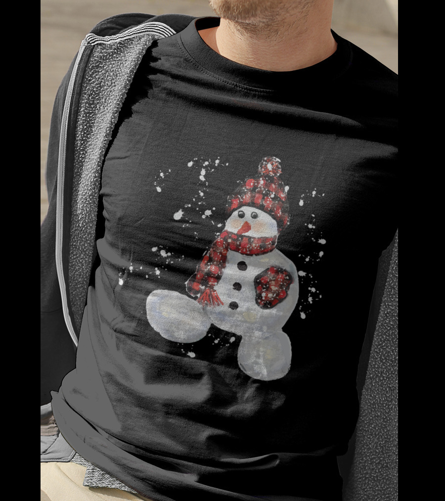 Watercolor Snowman Buffalo Plaid Hat And Scarf With Snowflakes T-Shirt