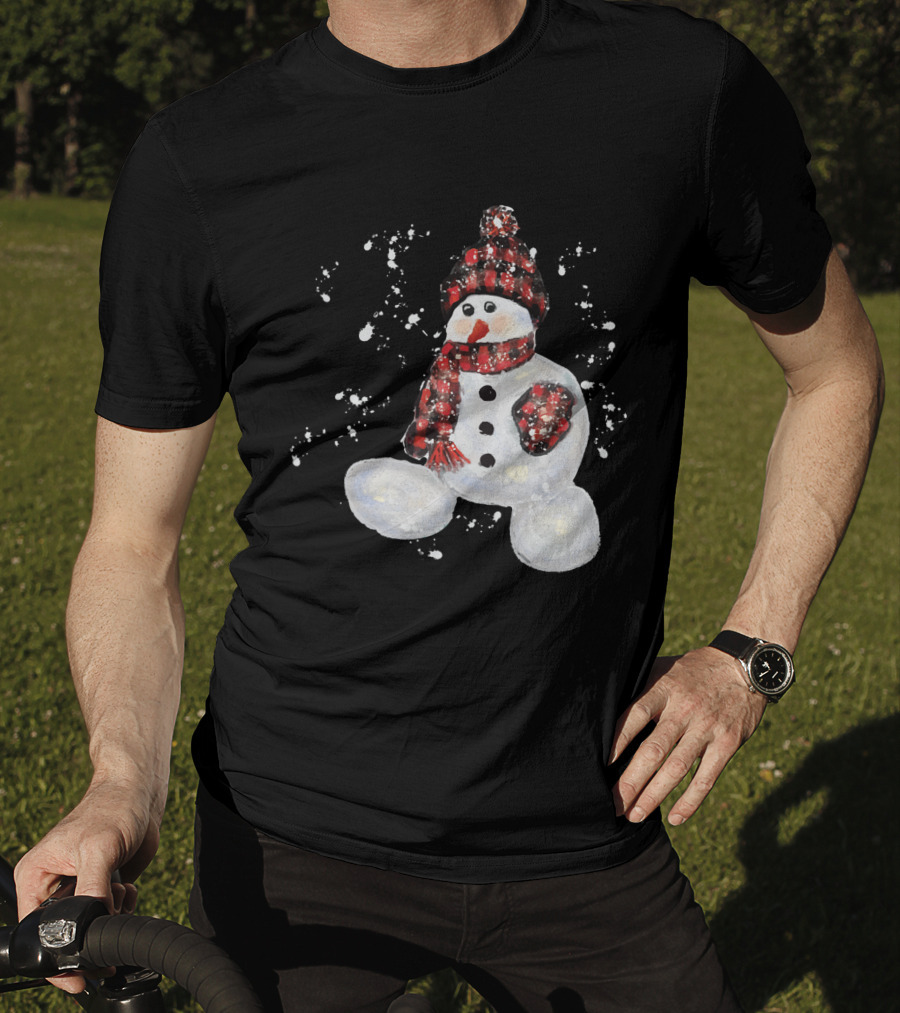 Watercolor Snowman Buffalo Plaid Hat And Scarf With Snowflakes T-Shirt