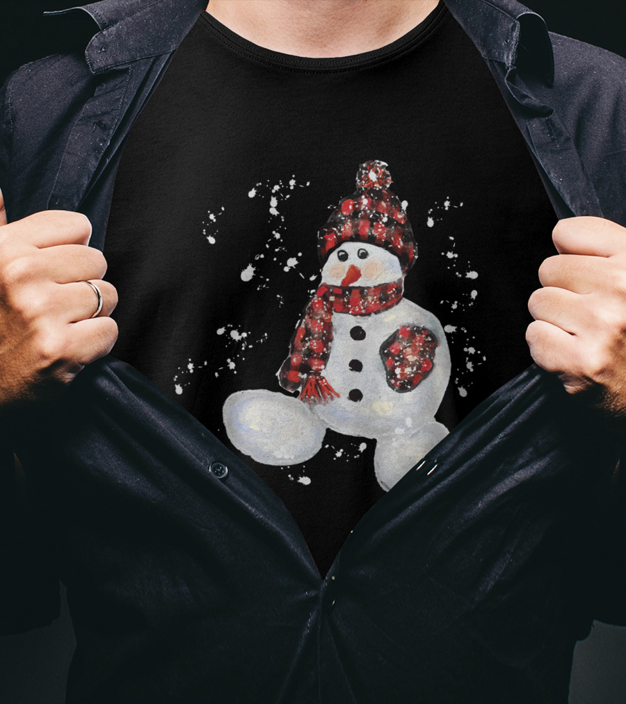 Watercolor Snowman Buffalo Plaid Hat And Scarf With Snowflakes T-Shirt