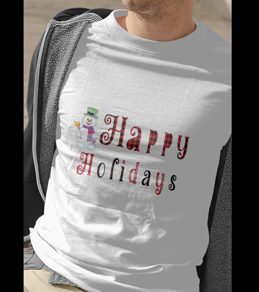 Happy Holidays Christmas Snowman With Plaid Letters T-Shirt