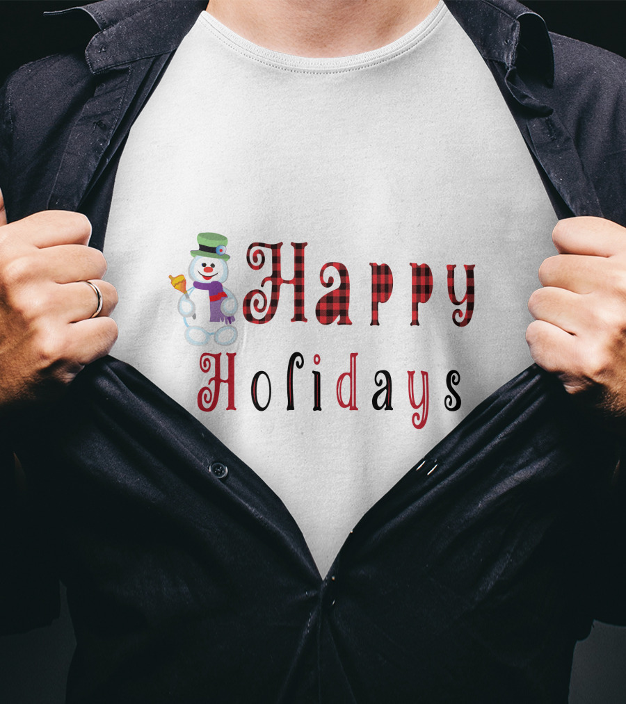 Happy Holidays Christmas Snowman With Plaid Letters T-Shirt