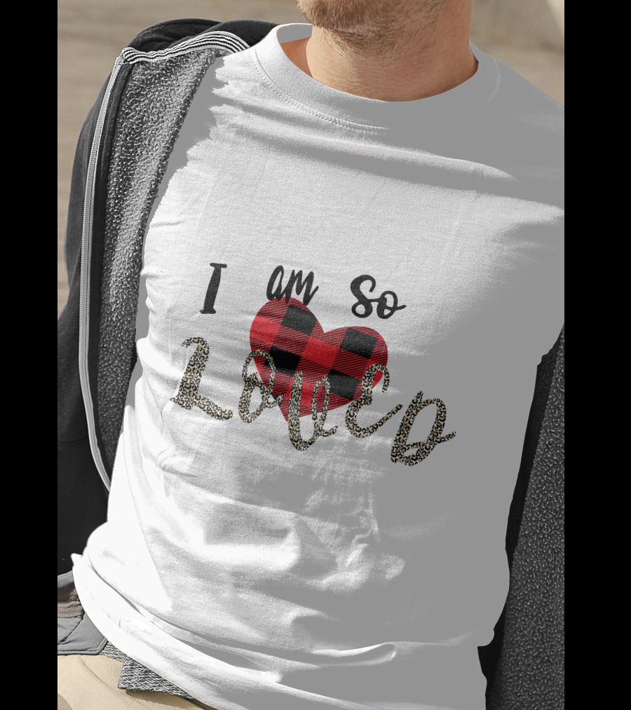 I Am So Loved Valentines Day Buffalo Plaid Heart Leopard Print T-Shirt