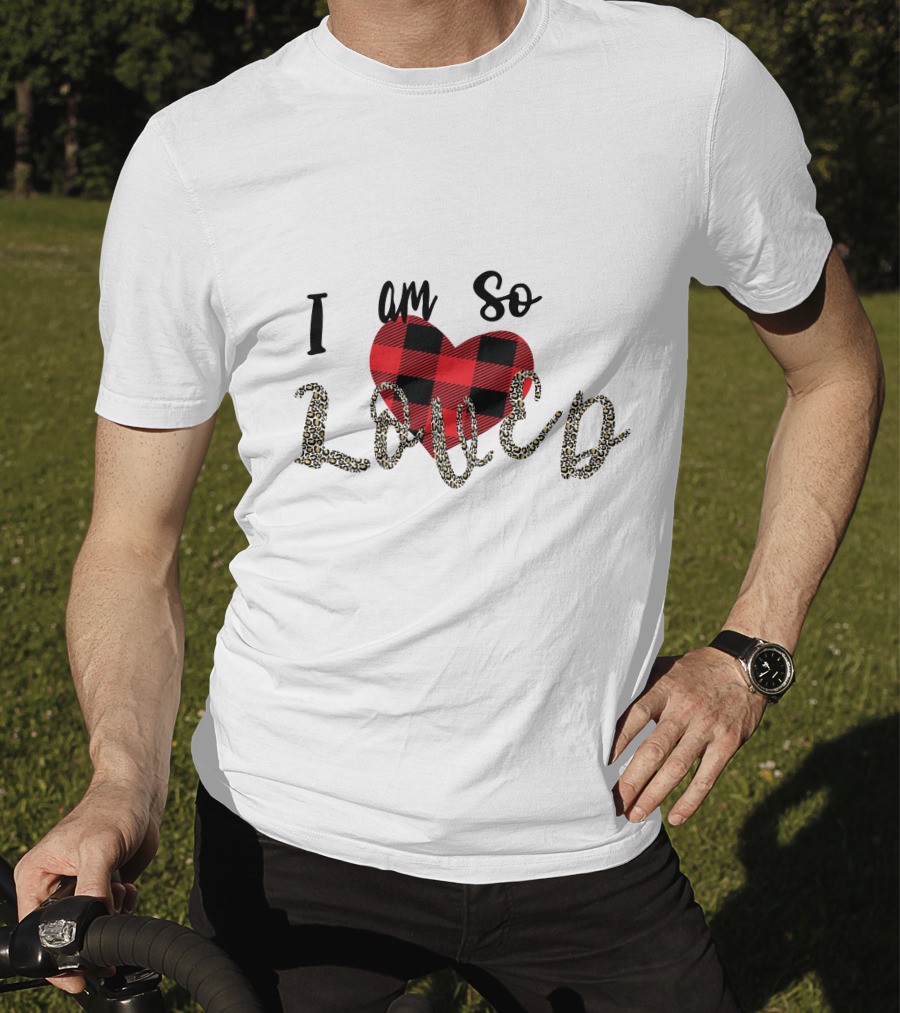 I Am So Loved Valentines Day Buffalo Plaid Heart Leopard Print T-Shirt