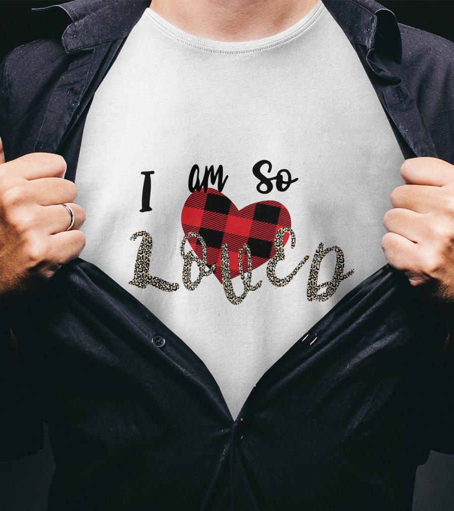 I Am So Loved Valentines Day Buffalo Plaid Heart Leopard Print T-Shirt