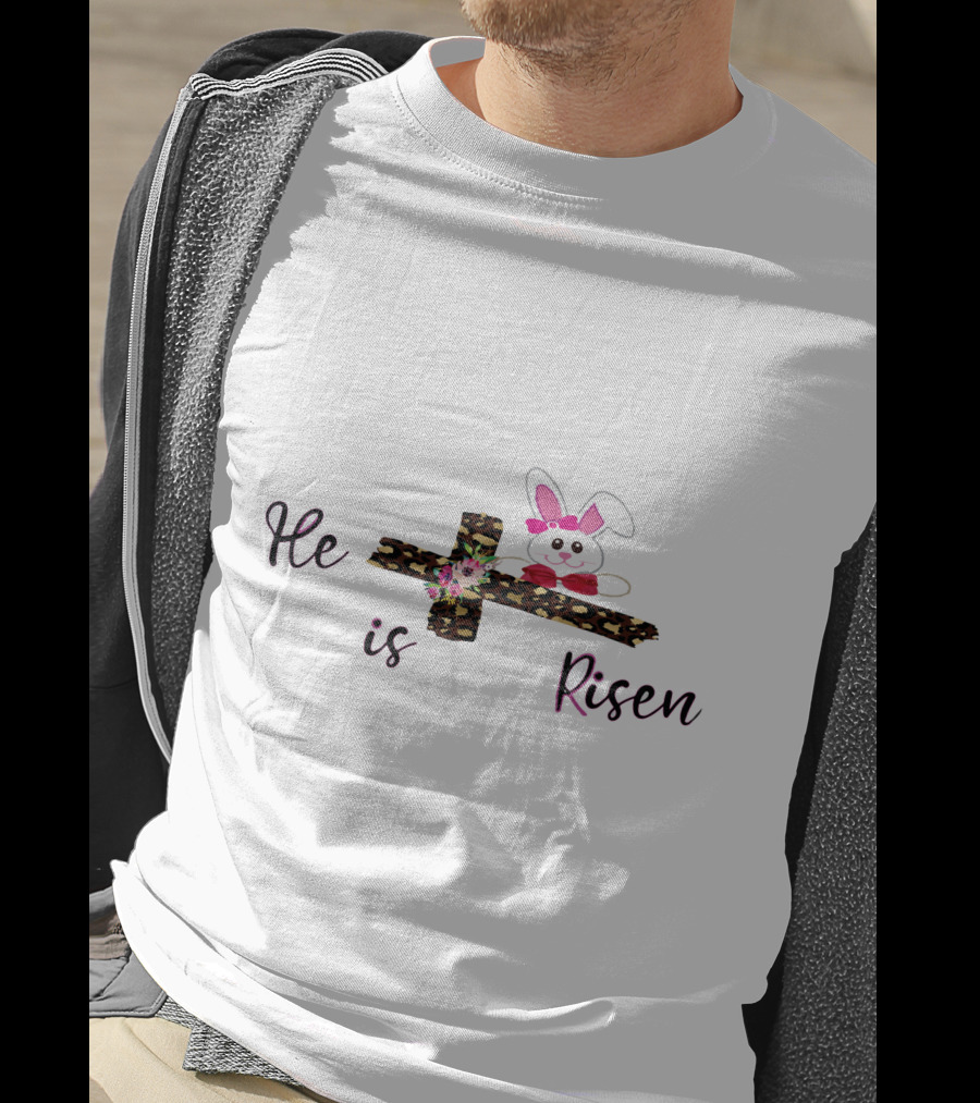 He Is Risen Leopard Print Cross Easter Bunny T-Shirt