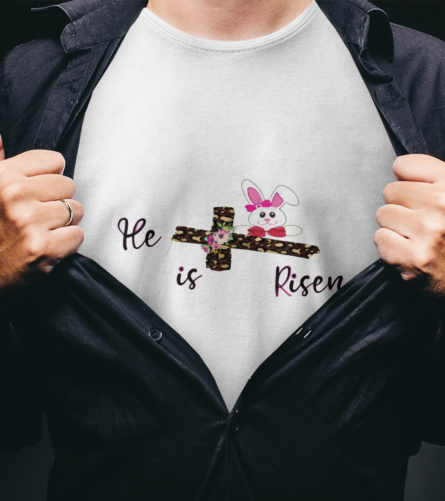 He Is Risen Leopard Print Cross Easter Bunny T-Shirt
