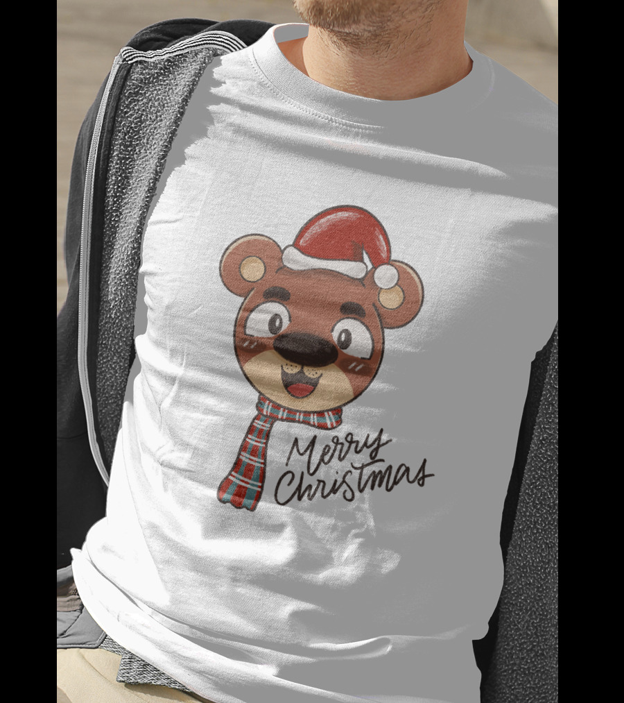 Merry Christmas Bear Wearing Santa Hat And Scarf T-Shirt