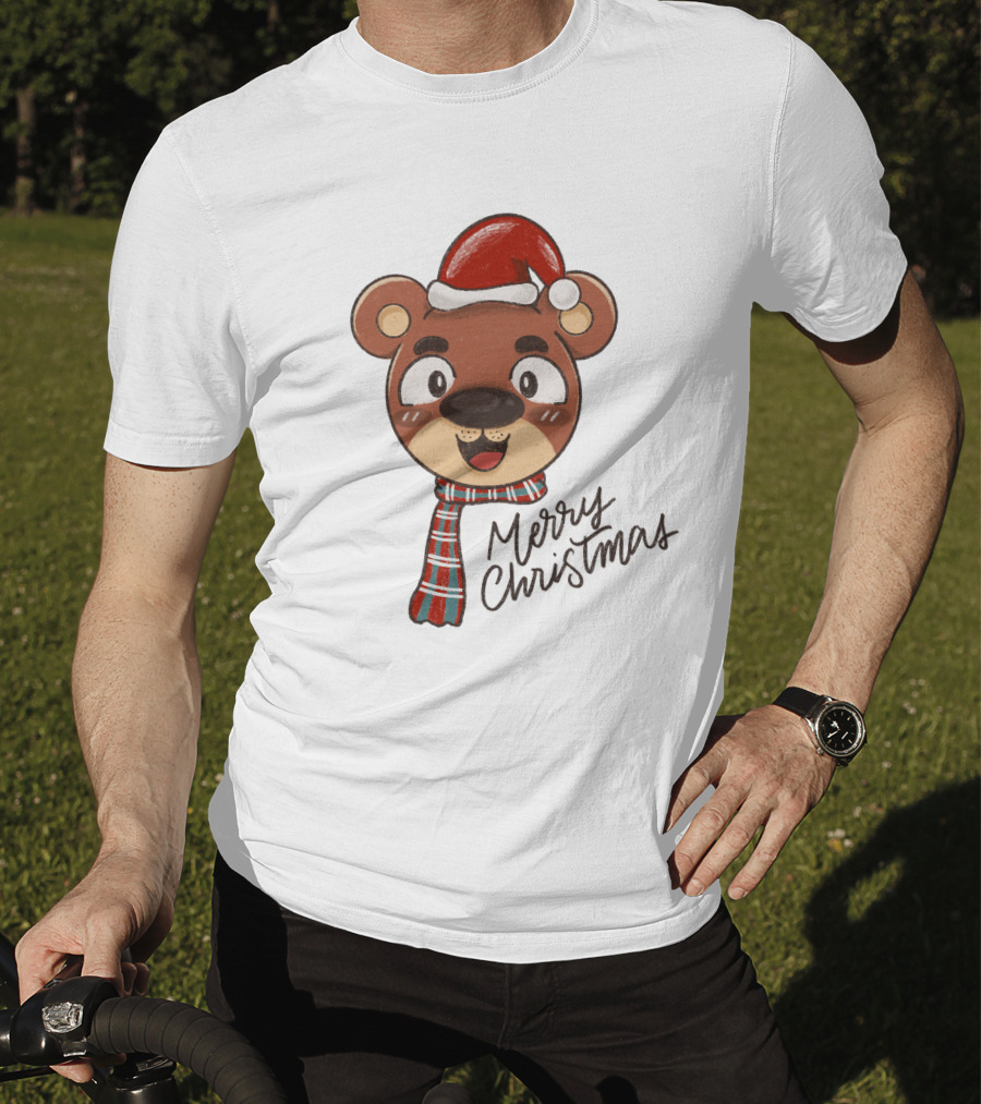 Merry Christmas Bear Wearing Santa Hat And Scarf T-Shirt