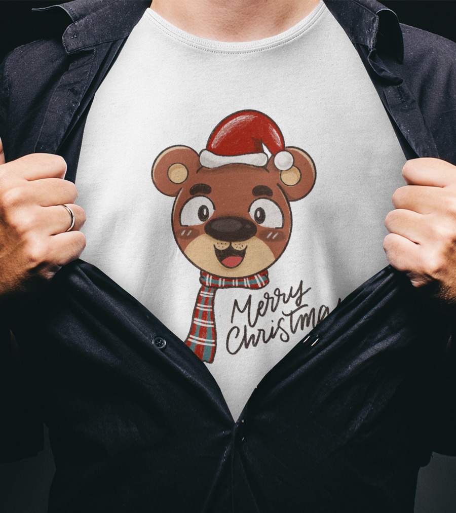 Merry Christmas Bear Wearing Santa Hat And Scarf T-Shirt