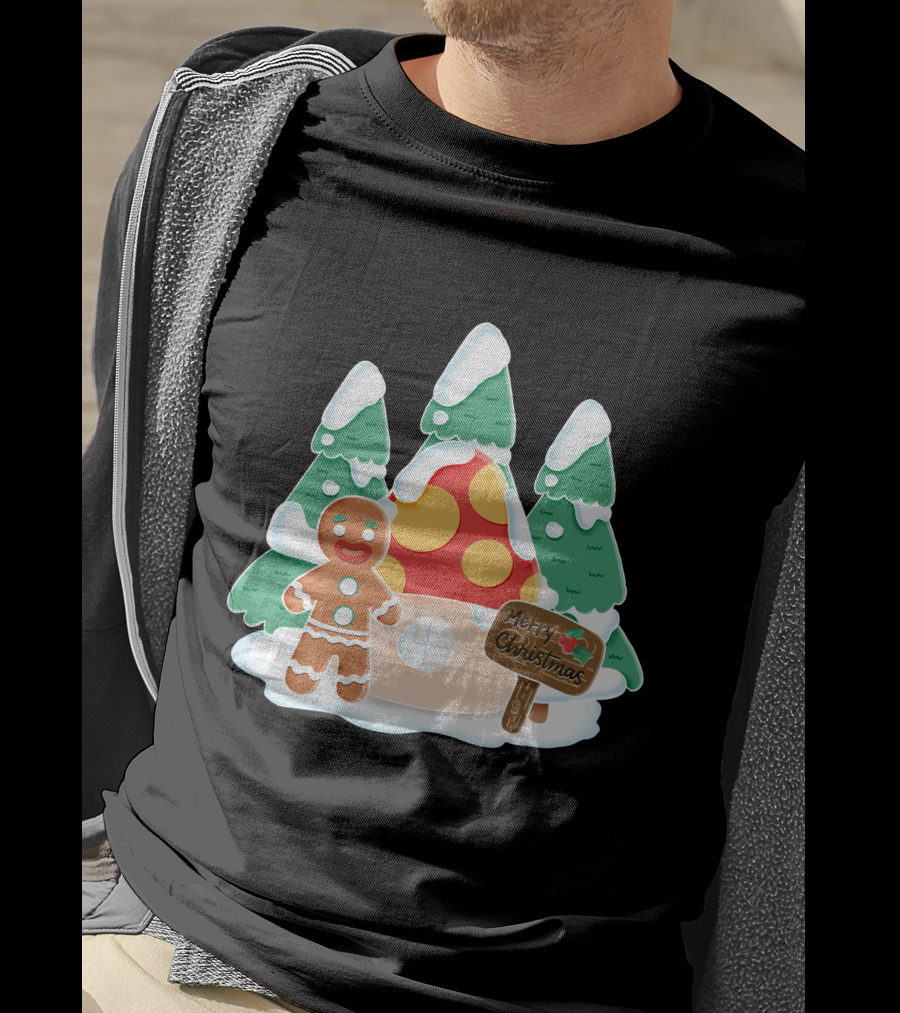 Merry Christmas Gingerman House With Snowy Trees And Mushroom Roof T-Shirt