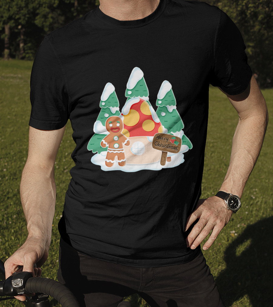 Merry Christmas Gingerman House With Snowy Trees And Mushroom Roof T-Shirt
