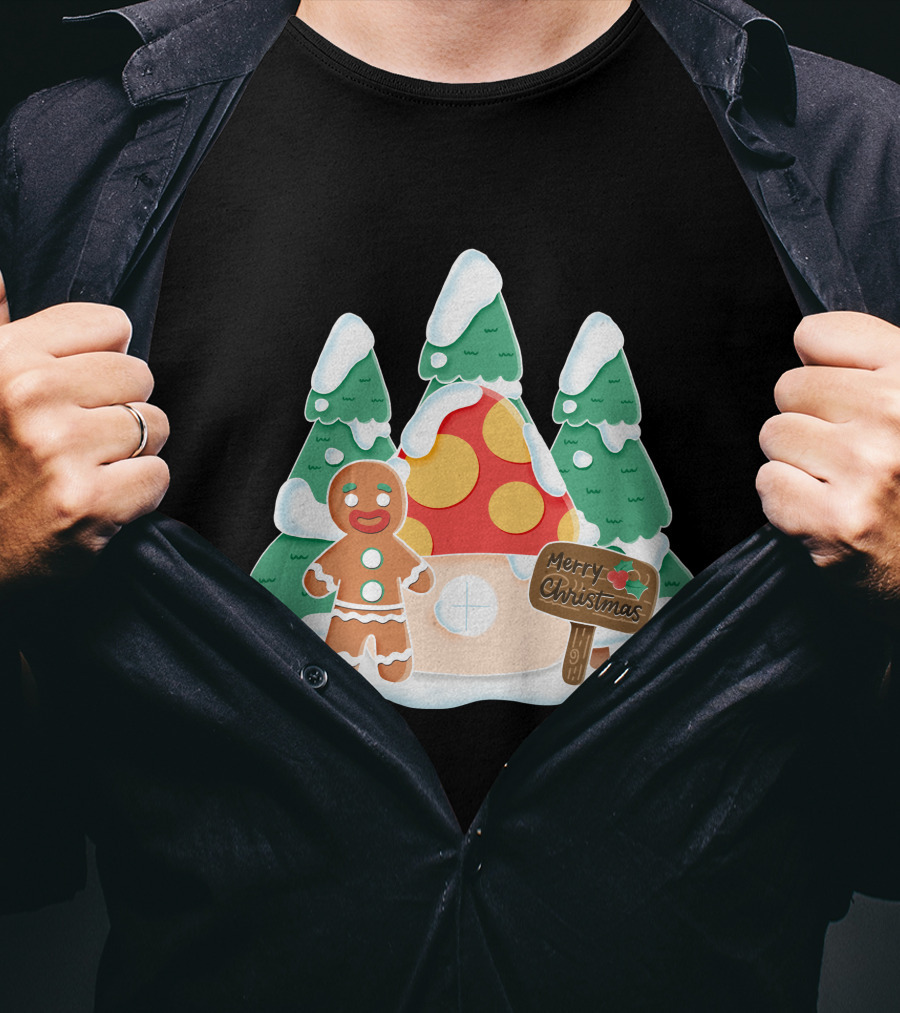 Merry Christmas Gingerman House With Snowy Trees And Mushroom Roof T-Shirt