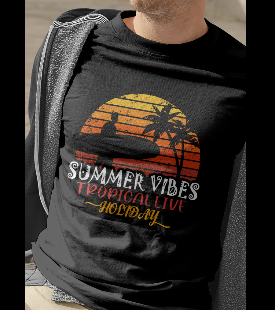 Summer Vibes Tropical Live Holiday Surfer Sunset Palms T-Shirt
