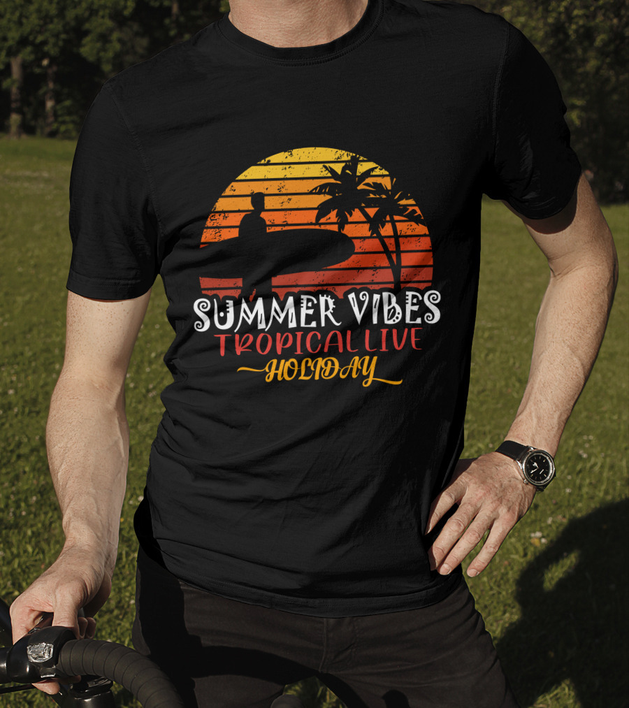 Summer Vibes Tropical Live Holiday Surfer Sunset Palms T-Shirt