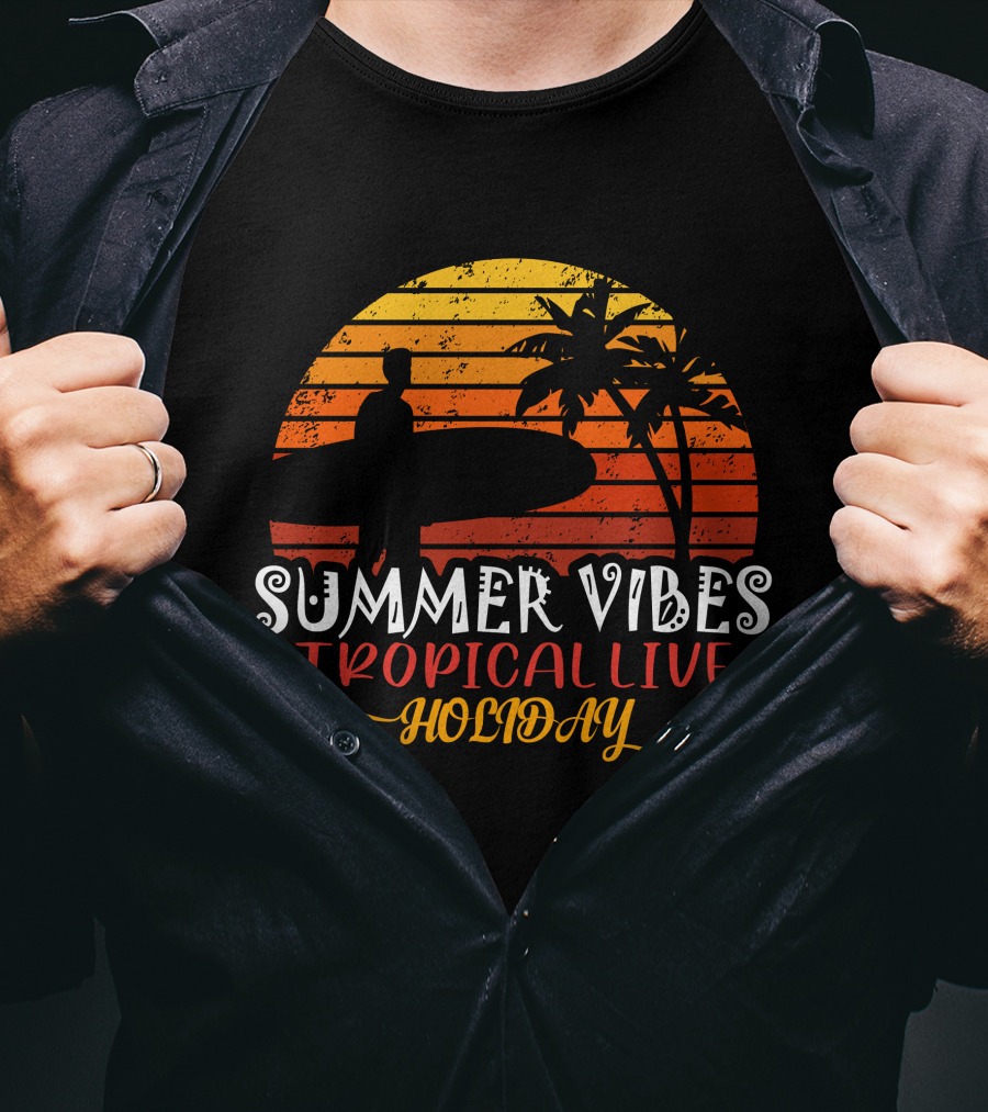 Summer Vibes Tropical Live Holiday Surfer Sunset Palms T-Shirt