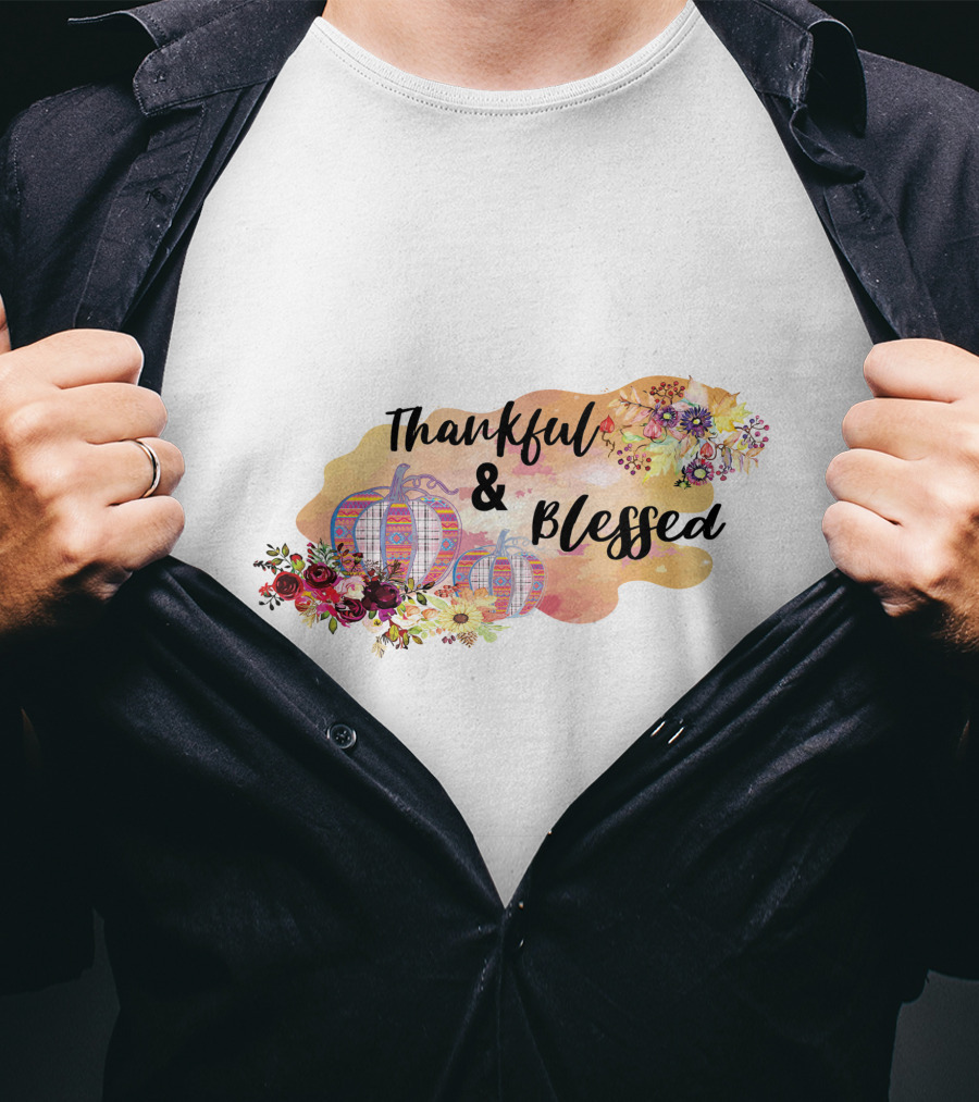Thankful And Blessed Floral Watercolor Pumpkins T-Shirt