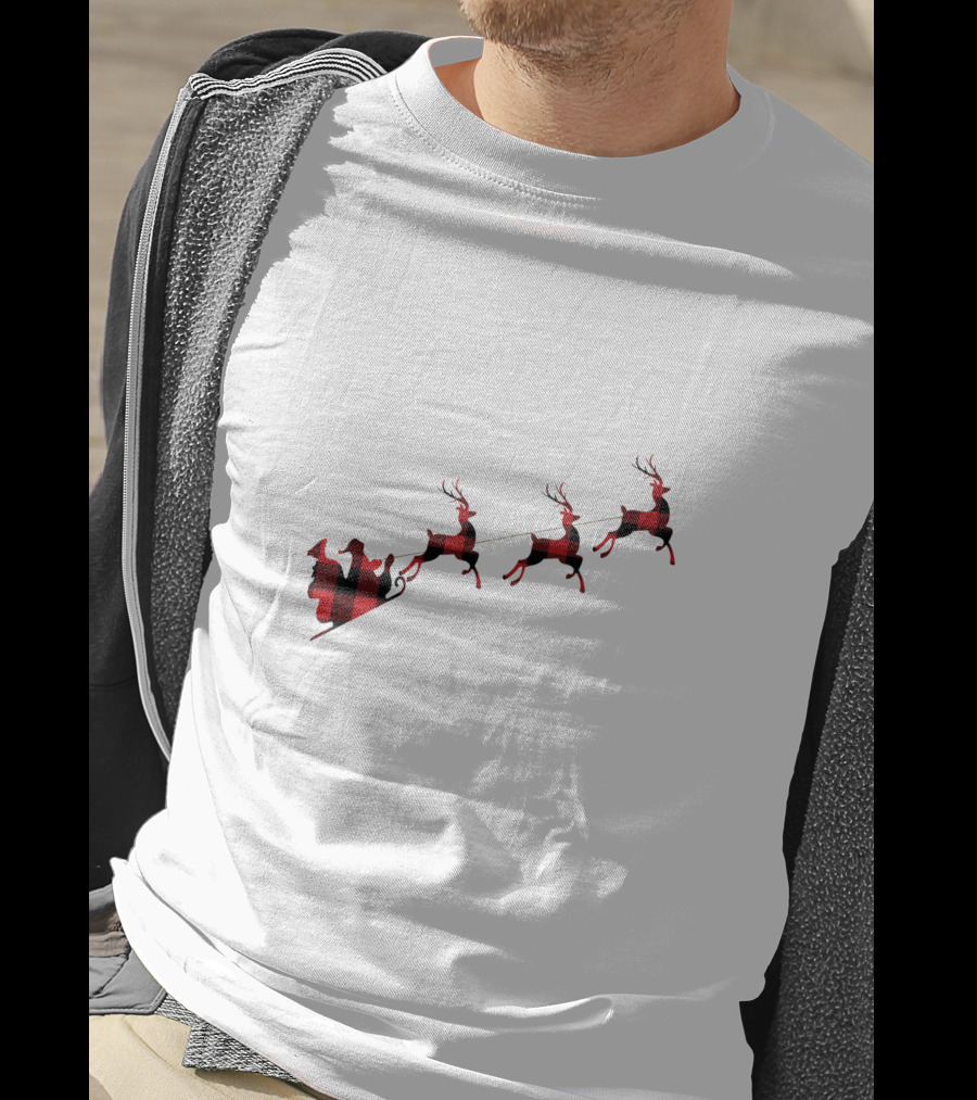 Buffalo Plaid Santa's Sleigh And Reindeers T-Shirt