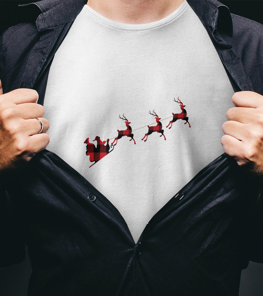 Buffalo Plaid Santa's Sleigh And Reindeers T-Shirt