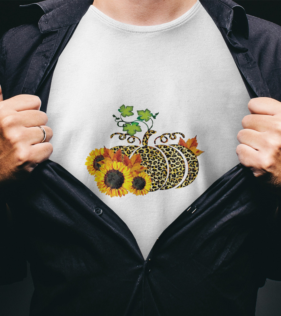 Thanksgiving Leopard Pumpkin Sunflowers And Leaves T-Shirt