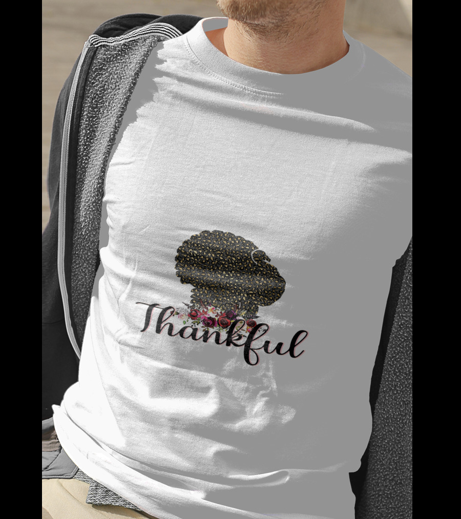 Thankful Leopard Print Turkey With Floral Accents T-Shirt