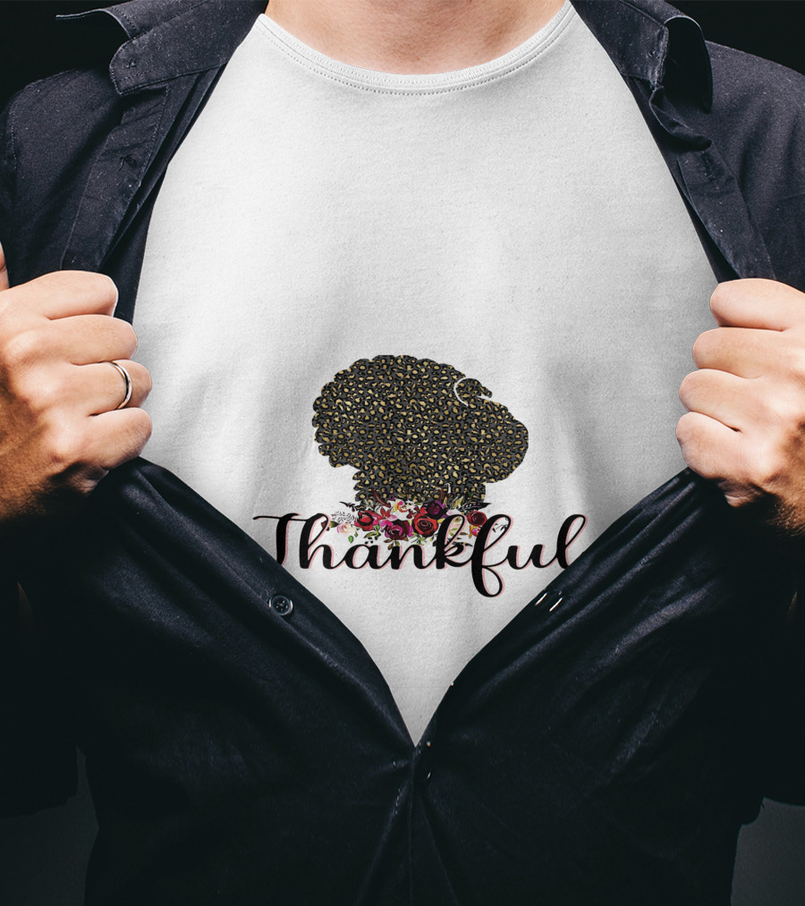 Thankful Leopard Print Turkey With Floral Accents T-Shirt