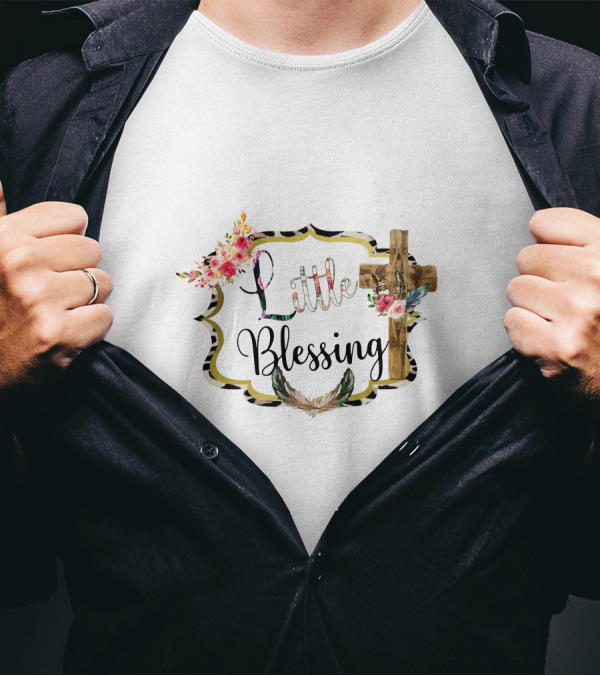 Little Blessing Leopard Cross Floral Frame T-Shirt