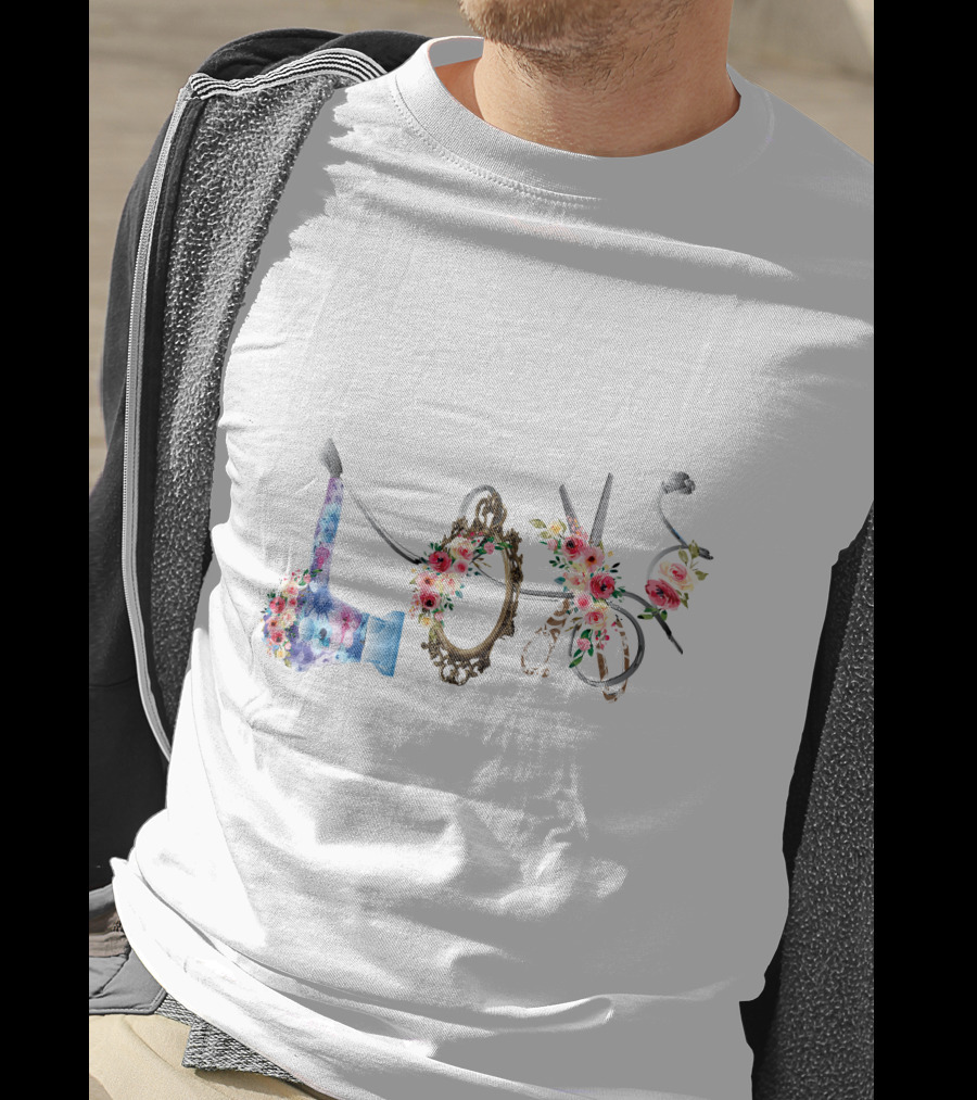 Love Hair Stylist Floral Scissors Mirror Blow Dryer T-Shirt