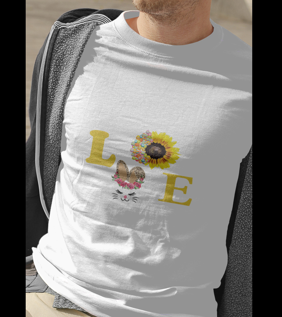 Love Sunflower Bunny With Floral Ears And Cheetah Print Bow T-Shirt