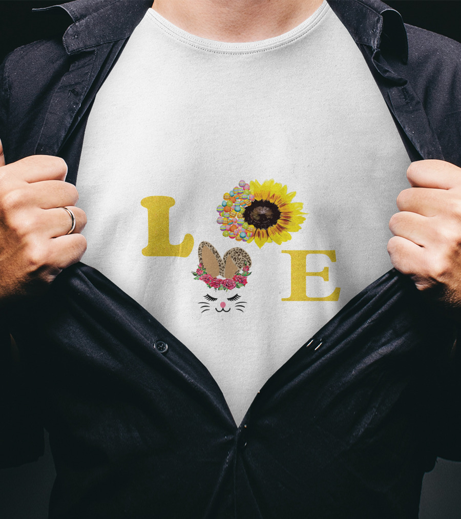 Love Sunflower Bunny With Floral Ears And Cheetah Print Bow T-Shirt