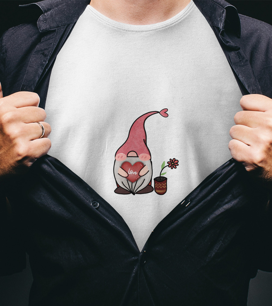 Love Heart Gnome With Flower Pot T-Shirt