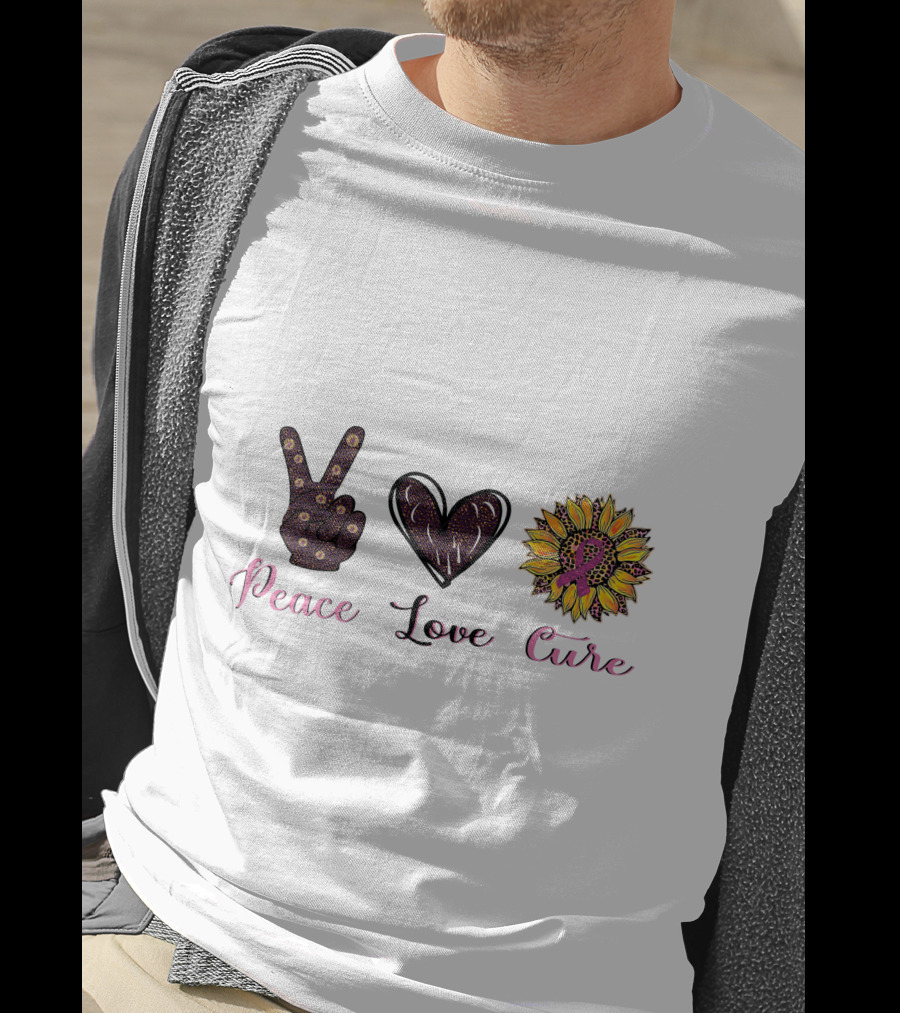 Peace Love Cure Breast Cancer Sunflower Heart And Peace Sign T-Shirt