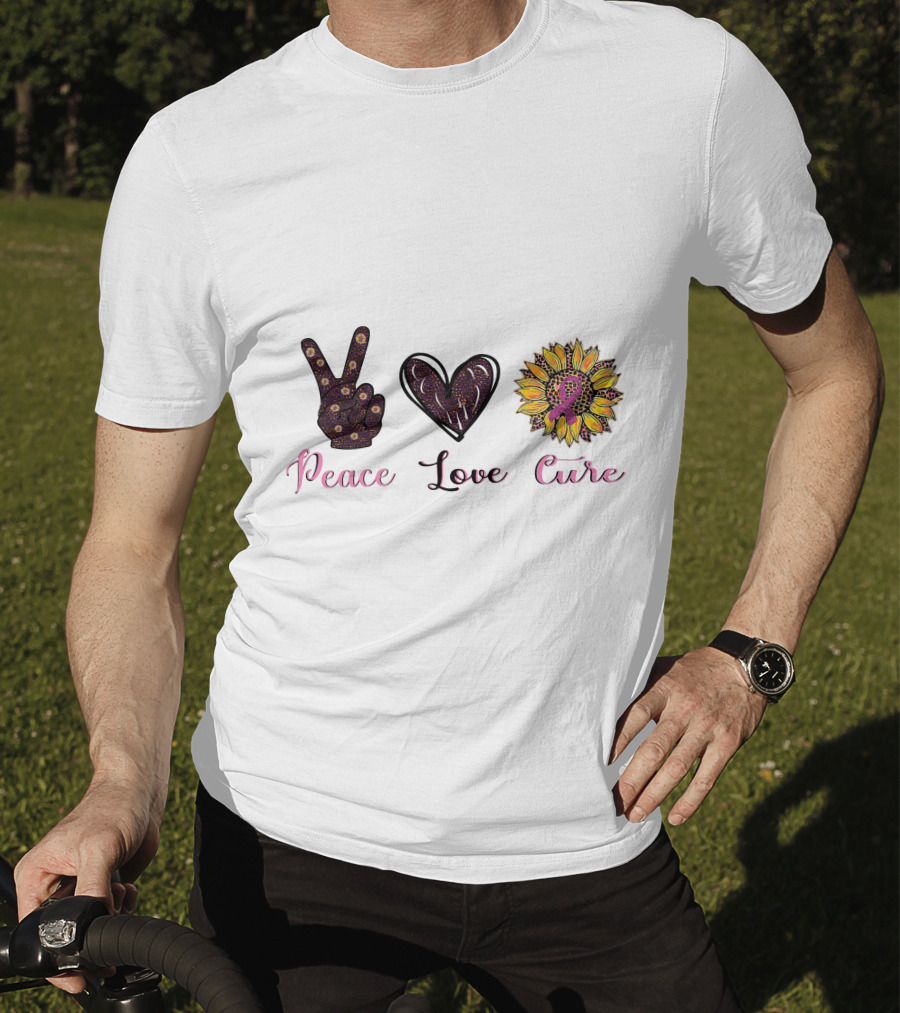 Peace Love Cure Breast Cancer Sunflower Heart And Peace Sign T-Shirt