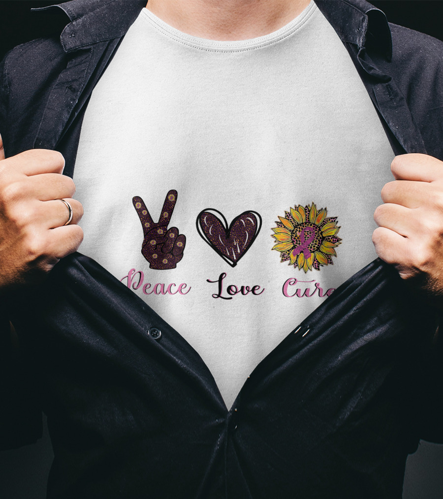 Peace Love Cure Breast Cancer Sunflower Heart And Peace Sign T-Shirt