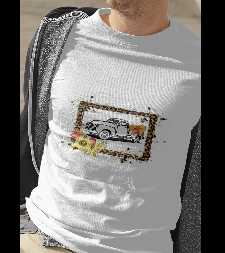 Truck With Pumpkins And Leopard Print Frame With Sunflowers T-Shirt