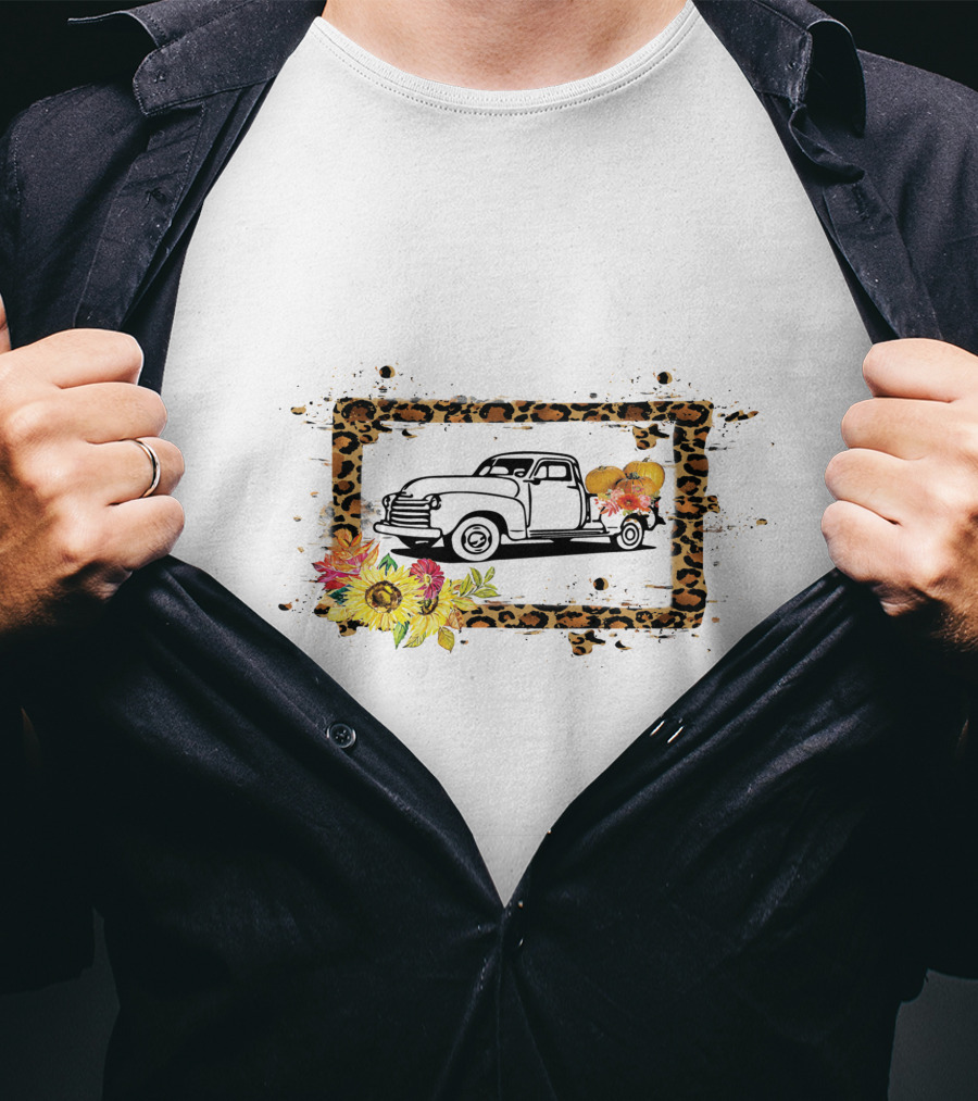 Truck With Pumpkins And Leopard Print Frame With Sunflowers T-Shirt
