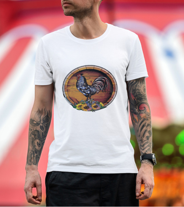 Premium T-Shirt: USA Rooster on Wine Barrel with Sunflowers T-Shirt USA Rooster on Wine Barrel with Sunflowers T-Shirt