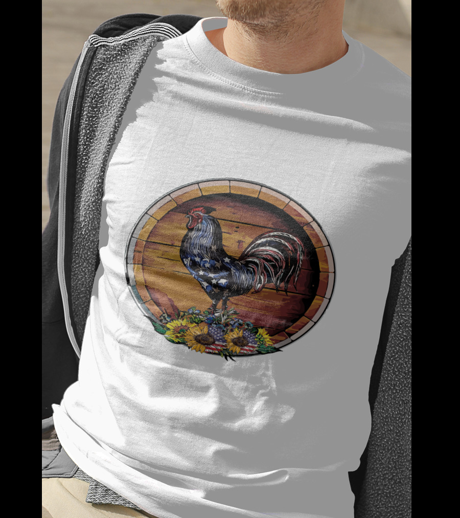 USA Rooster On Wine Barrel With Sunflowers T-Shirt
