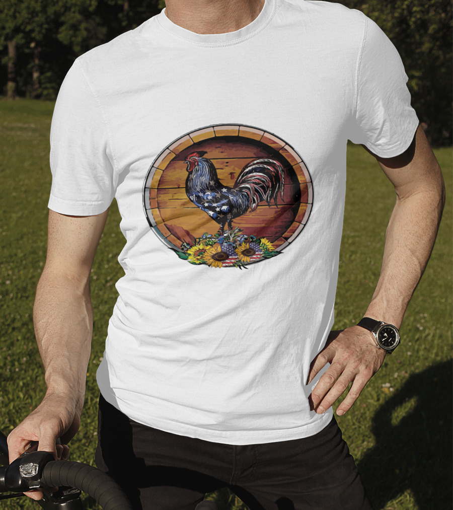 USA Rooster On Wine Barrel With Sunflowers T-Shirt