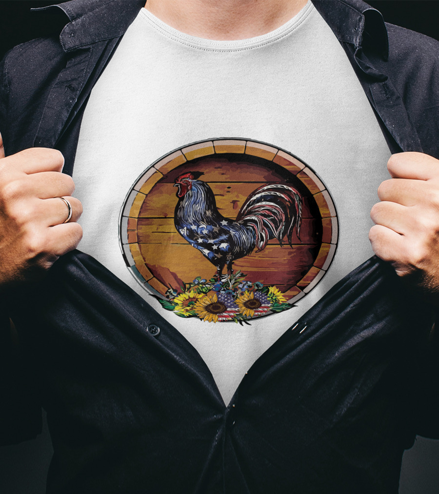 USA Rooster On Wine Barrel With Sunflowers T-Shirt