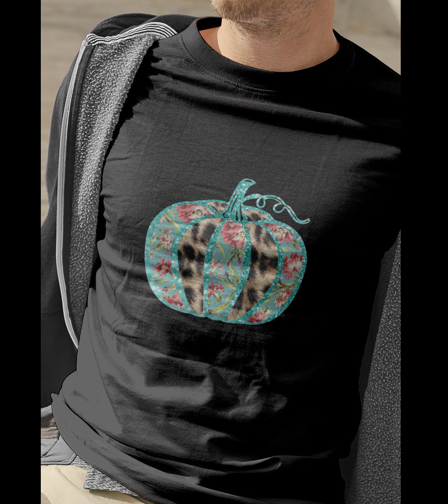 Turquoise Floral Leopard Pumpkin Thanksgiving T-Shirt