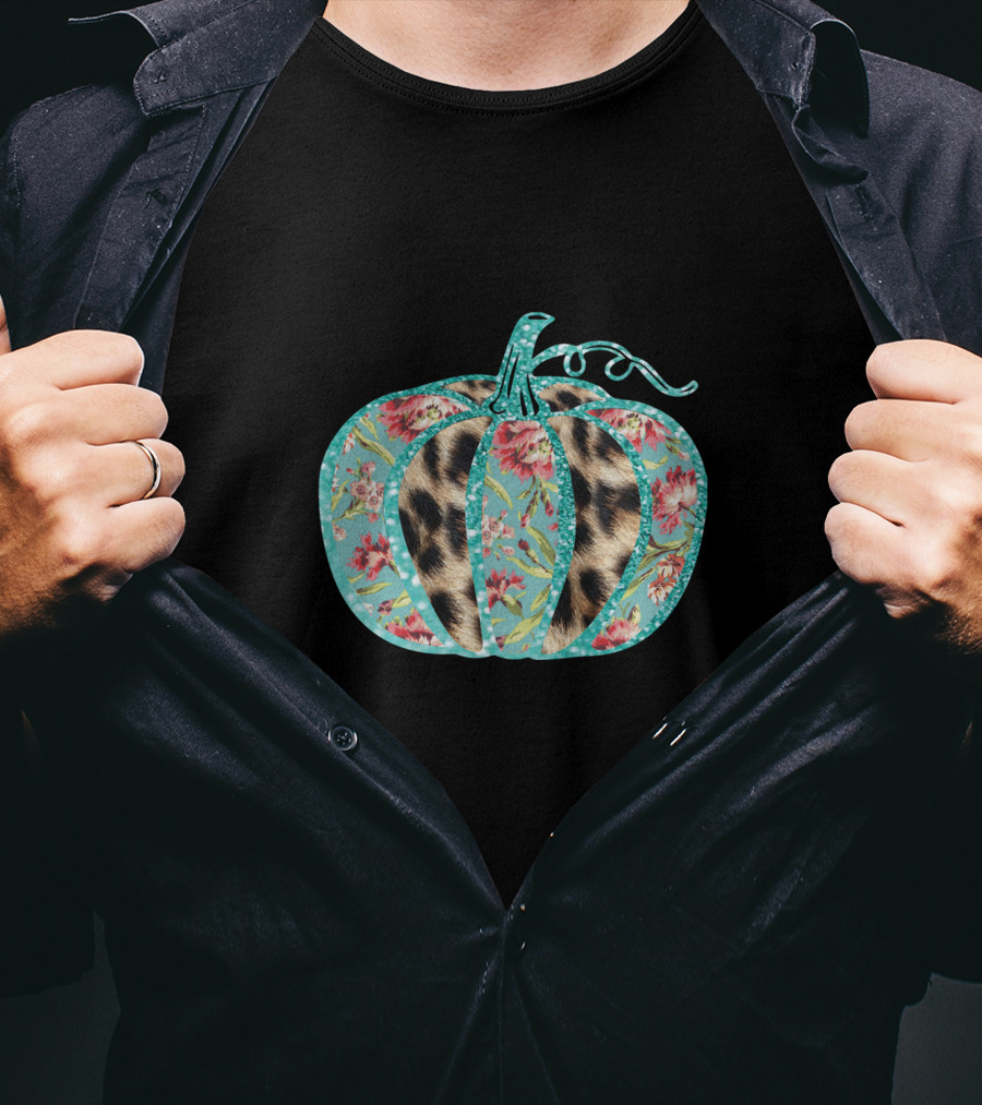 Turquoise Floral Leopard Pumpkin Thanksgiving T-Shirt