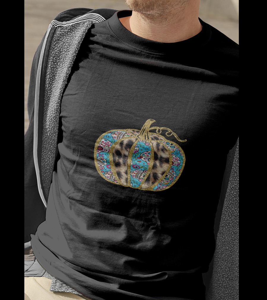 Leopard Turquoise Sugar Skull Pattern Pumpkin T-Shirt